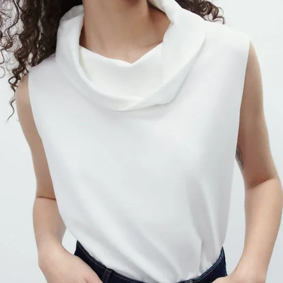 ZARA WHITE COWL NECK STRETCH DRAPED COLLAR BLOUSE - Picture 1 of 7